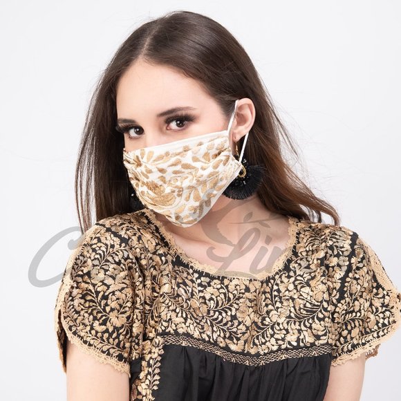 Handmade Accessories - Mexican Handmade Embroidered Cream Face Mask